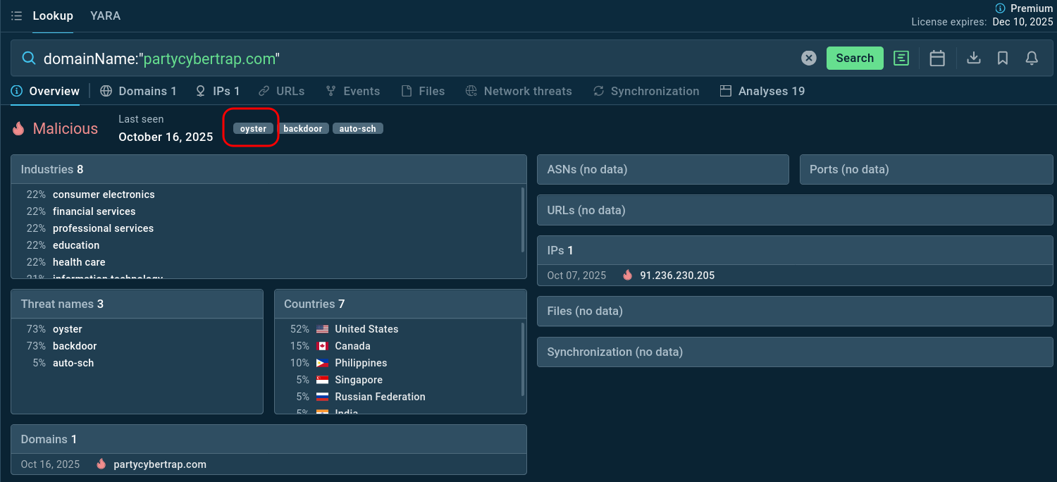 Domain tagged by TI Lookup as Oyster backdoor infrastructure