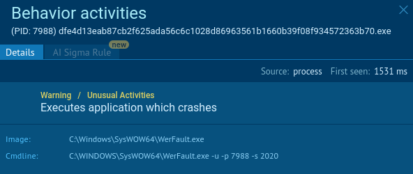 Intentional application crash to prevent visible execution